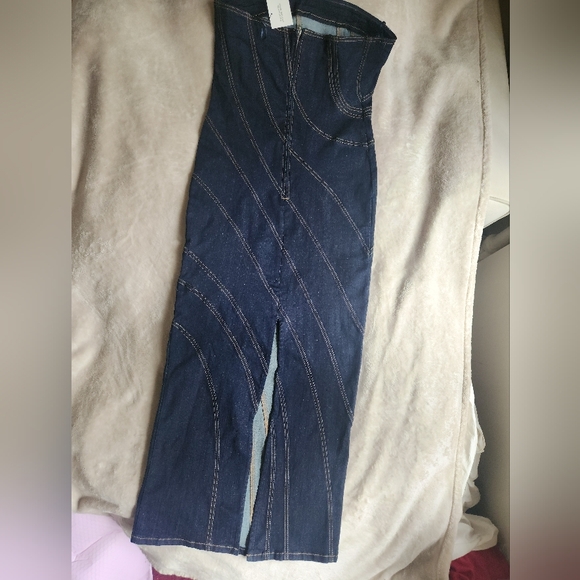 ZARA TOPSTITCHED Denim Midi Dress Dark Blue Sz XL. Nwt NO LOW BALLING!! - Picture 4 of 11